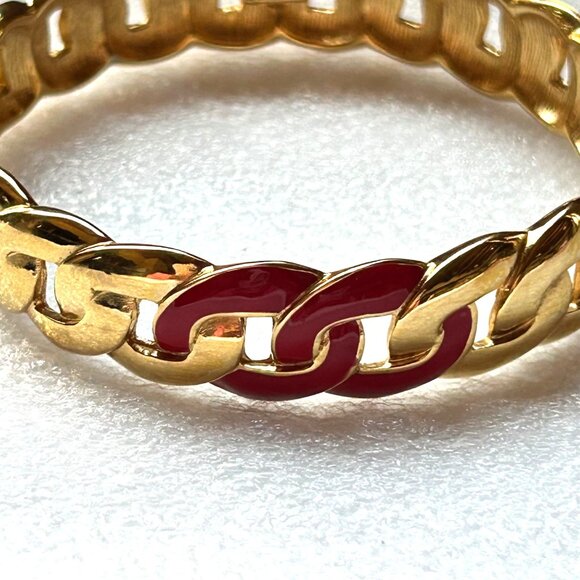 Vintage Monet Fixed Chain Link Bracelet With Red Enamel Accents Signed - Picture 2 of 8